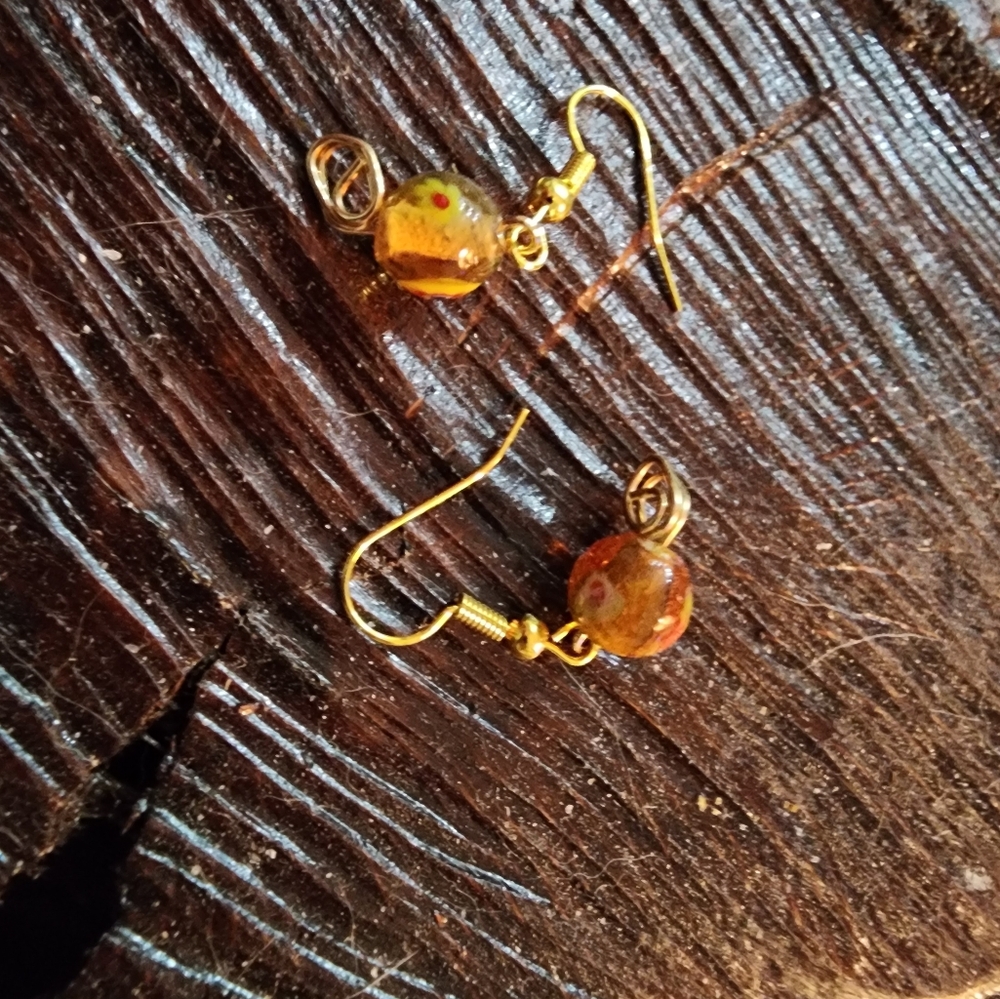 Handmade Clear Amber Beaded Earrings with floral design on gold dangle